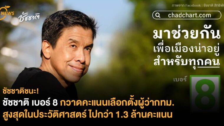 ชัชชาติ เบอร์ 8 ชนะการเลือกตั้งผู้ว่ากทม.อย่างเป็นทางการ กวาดคะแนนไปกว่า 1.3 ล้าน สูงสุดในประวัติศาสตร์