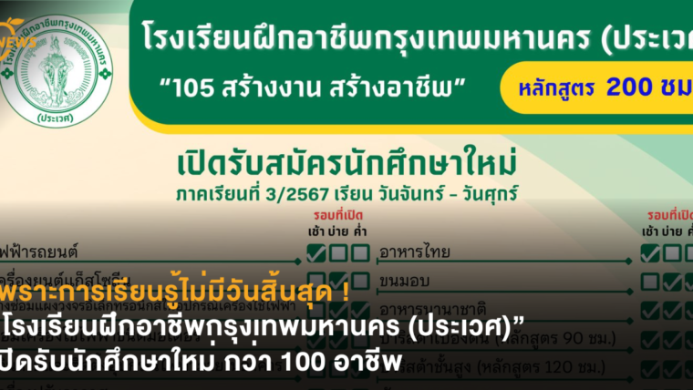 เพราะการเรียนรู้ไม่มีวันสิ้นสุด ! “โรงเรียนฝึกอาชีพกรุงเทพมหานคร (ประเวศ)” เปิดรับนักศึกษาใหม่ กว่า 100 อาชีพ